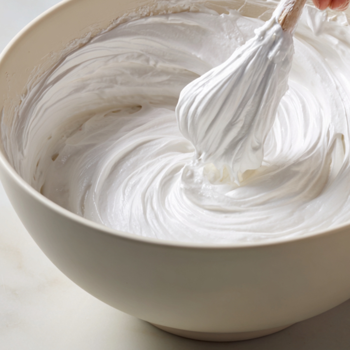 “Homemade whipped cream being lifted with a spatula from a bowl, showing its light and airy consistency for frosting or dessert filling.”