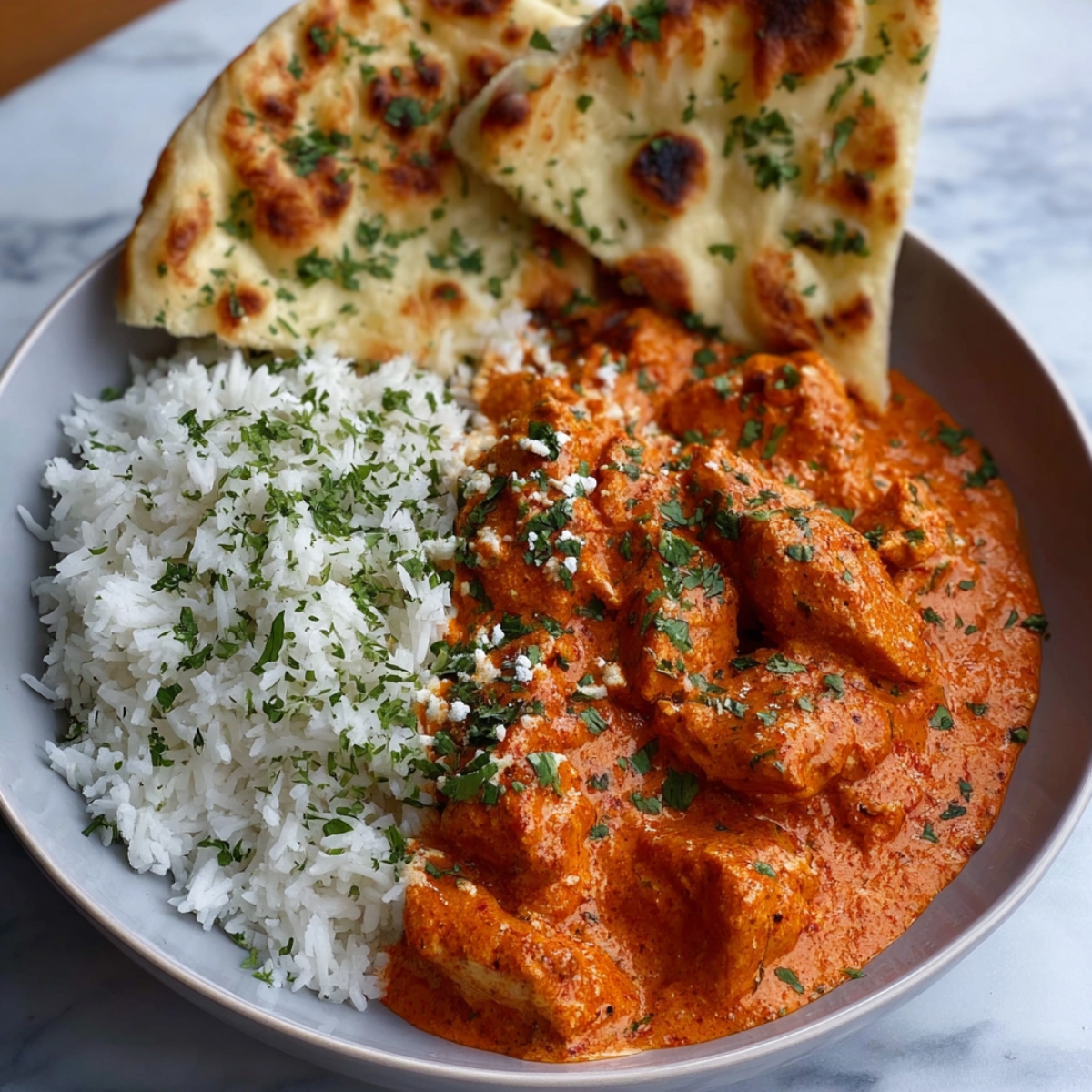 “Plate of creamy butter chicken served with fluffy basmati rice and warm naan bread, garnished with fresh cilantro and crumbled cheese.”