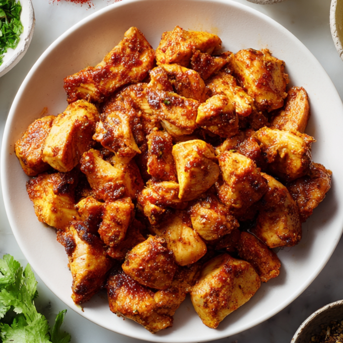 “Bowl of tender chicken pieces coated in aromatic spices and masala, perfectly browned and ready to be added to curry or served as a main dish.”
