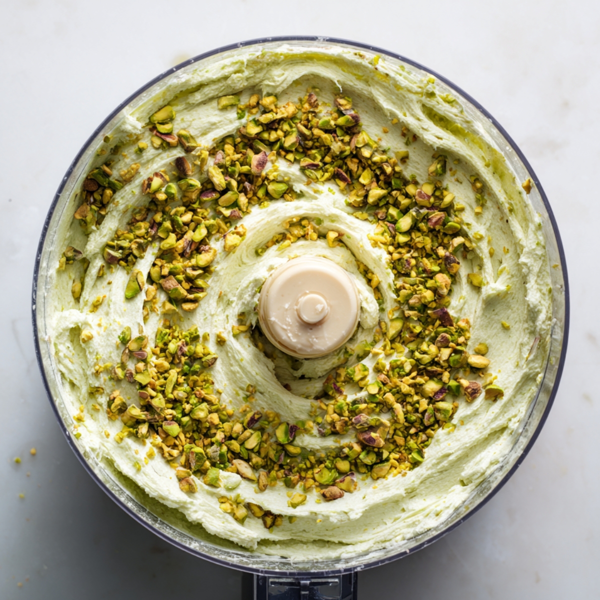 – A bowl of light green pistachio cream or frosting being mixed, topped with chopped pistachios.