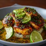 A white bowl filled with golden honey lime chicken marinade made from honey, lime juice, soy sauce, and olive oil, sitting on a rustic wooden surface. Surrounding the bowl are fresh limes, a garlic bulb, a small bottle of olive oil, and a whisk, showing the simple ingredients for the honey lime chicken recipe.