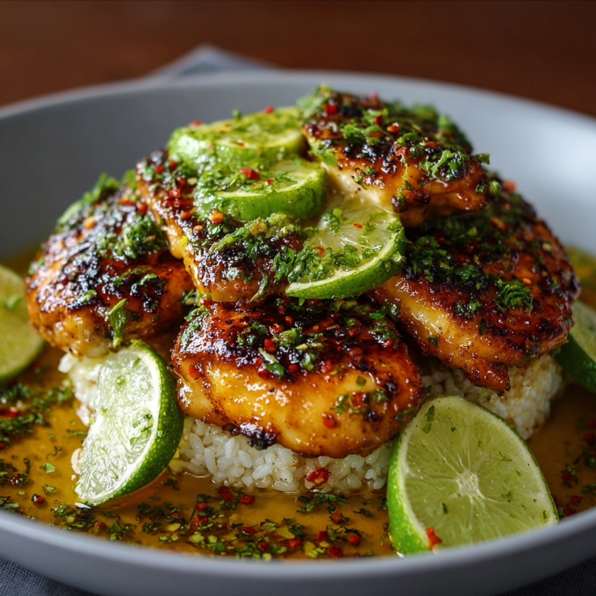 A white bowl filled with golden honey lime chicken marinade made from honey, lime juice, soy sauce, and olive oil, sitting on a rustic wooden surface. Surrounding the bowl are fresh limes, a garlic bulb, a small bottle of olive oil, and a whisk, showing the simple ingredients for the honey lime chicken recipe.