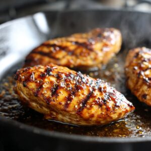Juicy honey lime chicken breasts sizzling in a hot skillet, with grill marks and a sticky golden-brown glaze caramelizing on the surface. Steam rises from the pan, highlighting the rich texture and glossy coating from the honey-lime marinade.