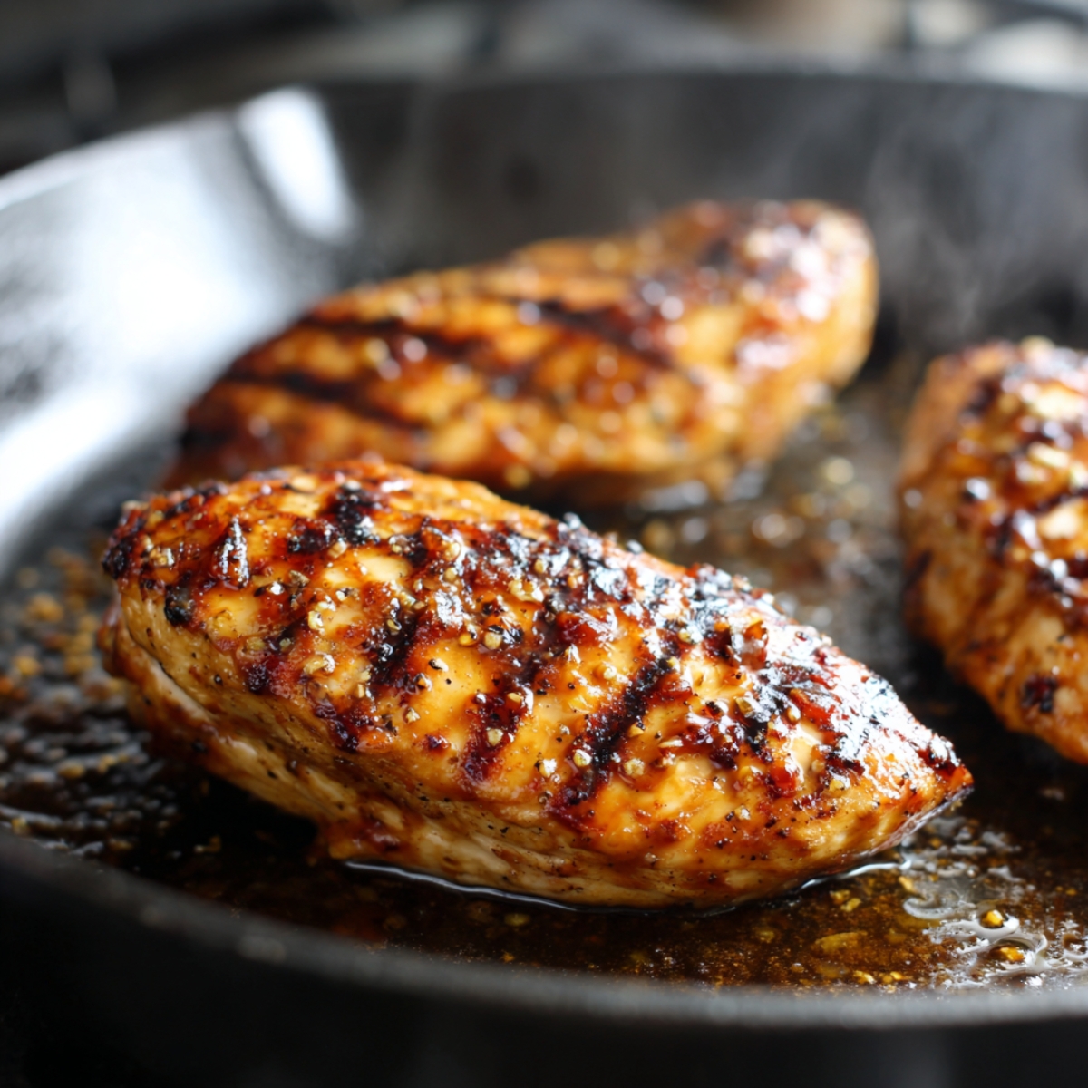 Juicy honey lime chicken breasts sizzling in a hot skillet, with grill marks and a sticky golden-brown glaze caramelizing on the surface. Steam rises from the pan, highlighting the rich texture and glossy coating from the honey-lime marinade.