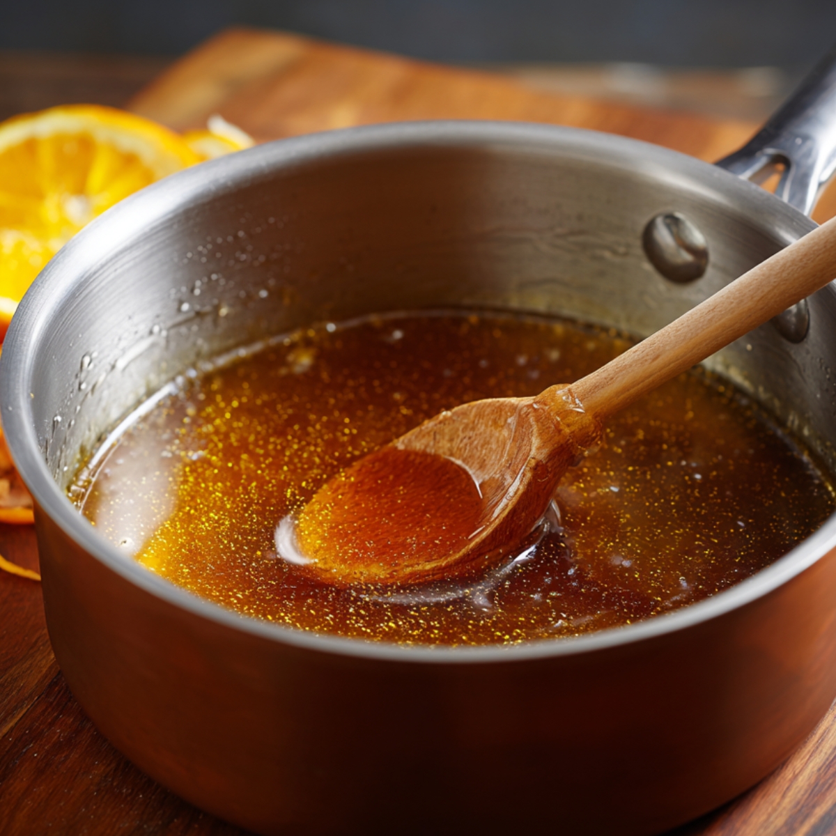 A saucepan filled with warm golden honey syrup being stirred with a wooden spoon, showing the glistening texture of Greek honey mixed with lemon juice, sugar, and orange peel for the Greek honey cake.