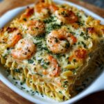 A layered shrimp scampi pasta bake with creamy white sauce, melted cheese, and herbs. Juicy shrimp sit on top of rotini pasta baked to perfection, with a golden crust and a sprinkle of parsley for garnish.