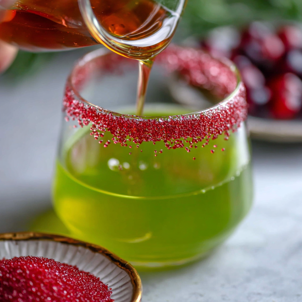 A close-up of a glass with a red sugar rim being filled with green Grinch punch, with the sugar sparkling around the rim and a dish of red sugar in the foreground.