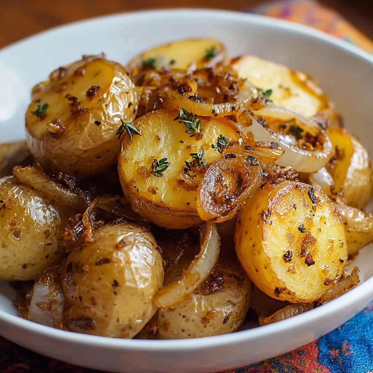 “A bowl of roasted baby Slow Cooker Lipton Onion Potatoes mixed with caramelized onions and herbs, showing a golden, crispy texture.”
