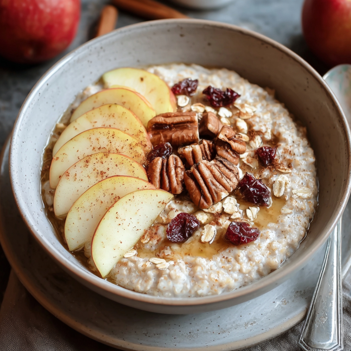 “Healthy oatmeal bowl topped with sliced apple cinnamon oatmeal porridge, pecans, dried cranberries, oats, and a drizzle of honey.”