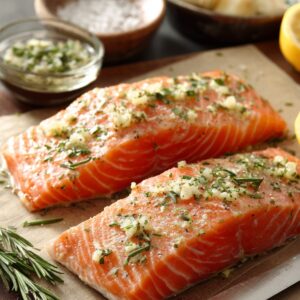 Two raw salmon fillets on parchment paper, seasoned with garlic, rosemary, and herbs, with lemon and small bowls of seasoning in the background.