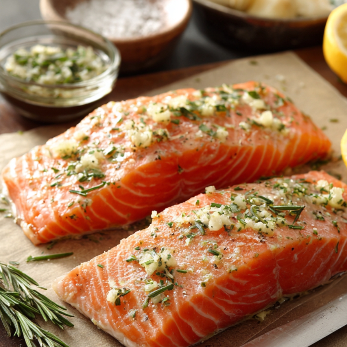 Two raw salmon fillets on parchment paper, seasoned with garlic, rosemary, and herbs, with lemon and small bowls of seasoning in the background.