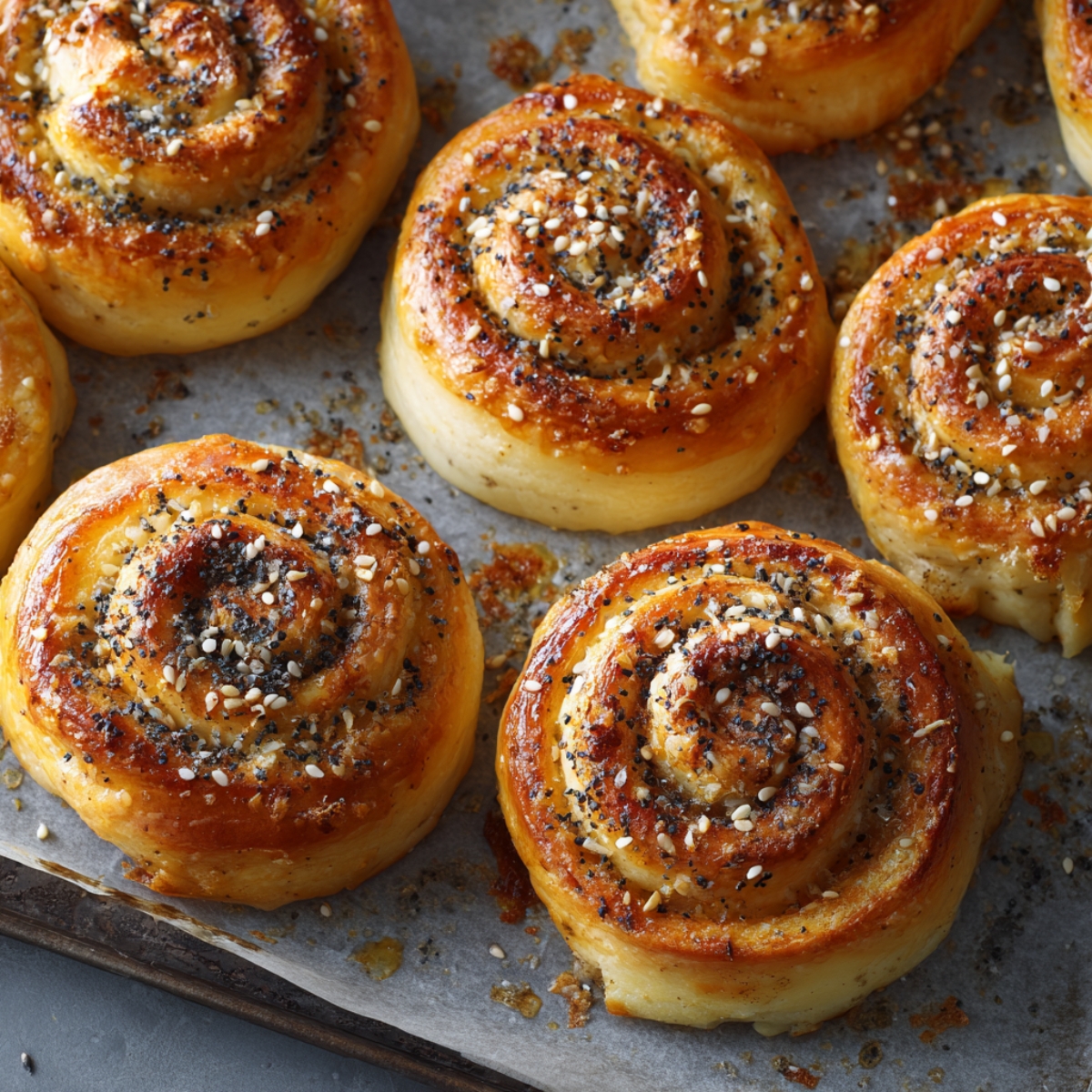 Golden-brown pastry rolls baked on a tray, shaped into spirals, topped with sesame and poppy seeds, and glistening with egg wash for a shiny finish.