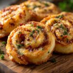 Savory puff pastry rolls filled with melted ham and cheese pinwheels bits of crispy bacon, baked to a golden brown, and garnished with chopped parsley on a wooden board.