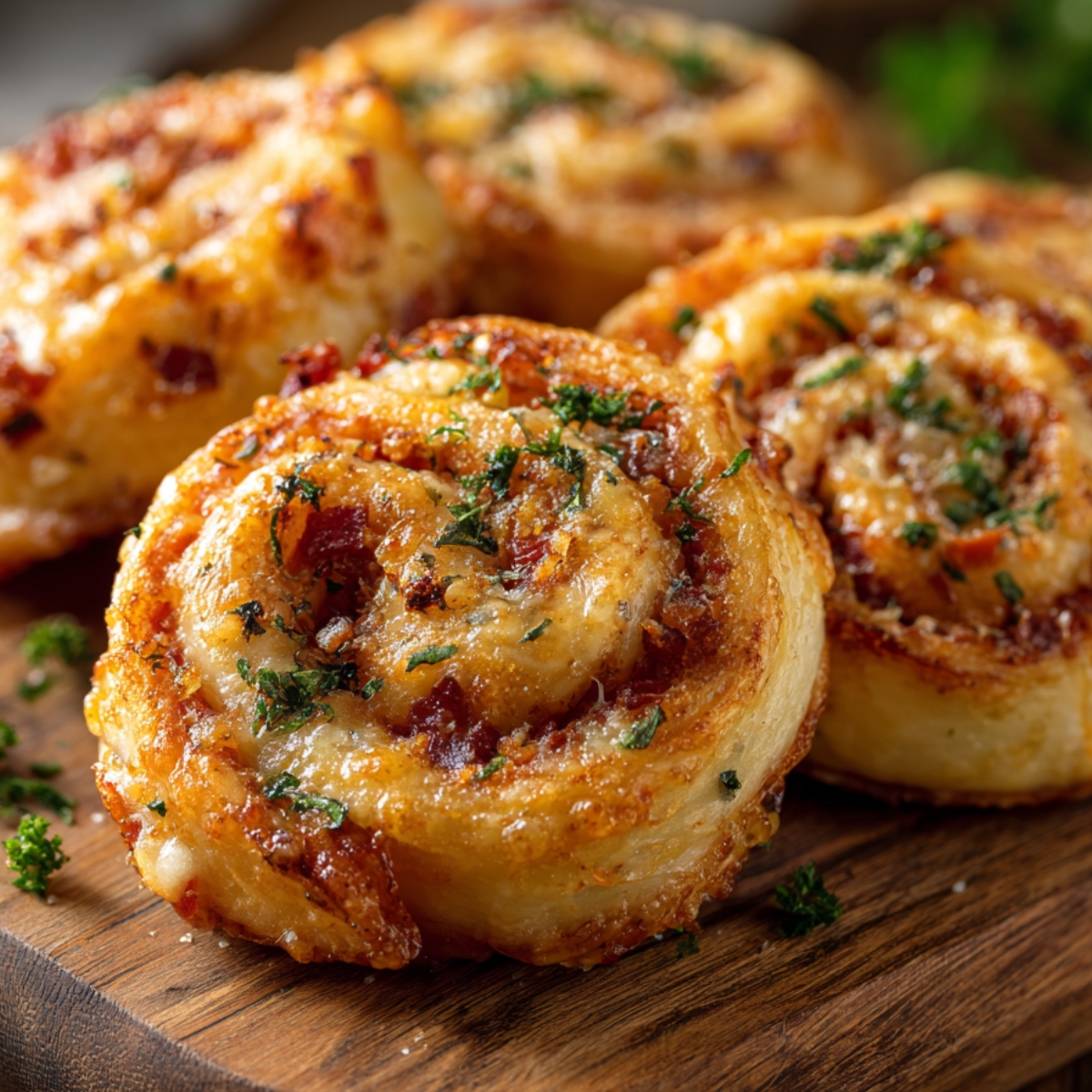 Savory puff pastry rolls filled with melted ham and cheese pinwheels bits of crispy bacon, baked to a golden brown, and garnished with chopped parsley on a wooden board.