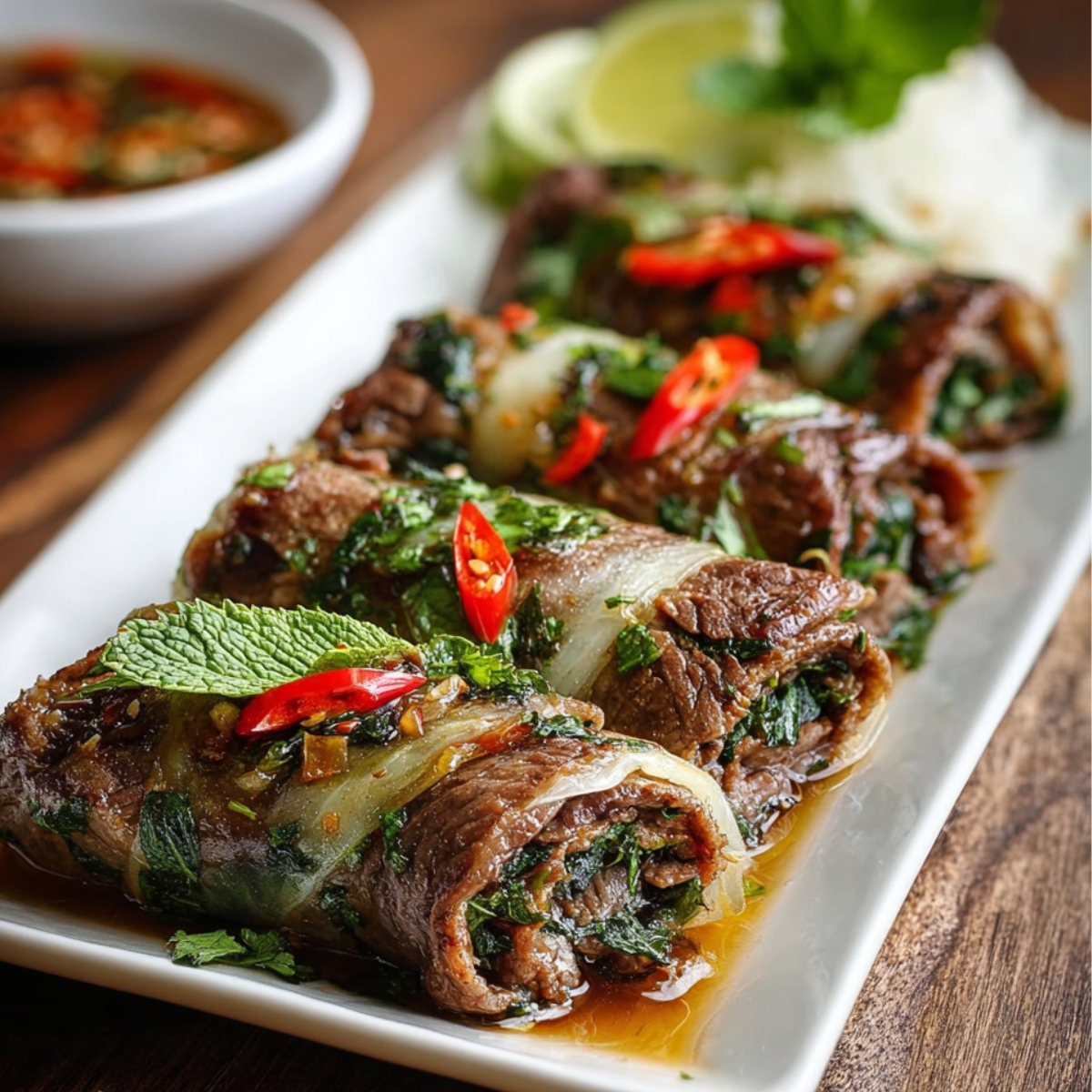Rolled Thai basil beef rolls with herbs and vegetables, topped with sliced red chili and mint leaves, served on a white rectangular plate with dipping sauce in the background.