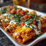 Platter of chicken enchiladas topped with melted cheese, chopped cilantro, diced tomatoes, and sour-cream drizzle.