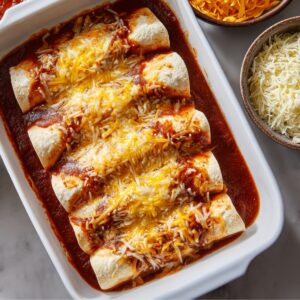Baking dish filled with rolled chicken enchiladas covered in red enchilada sauce and melted shredded cheese, ready to bake.
