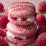Two strawberry macaron stacked elegantly — bright pink shells with creamy white filling and sliced strawberries inside. They’re dusted with gold flakes and surrounded by fresh strawberries,