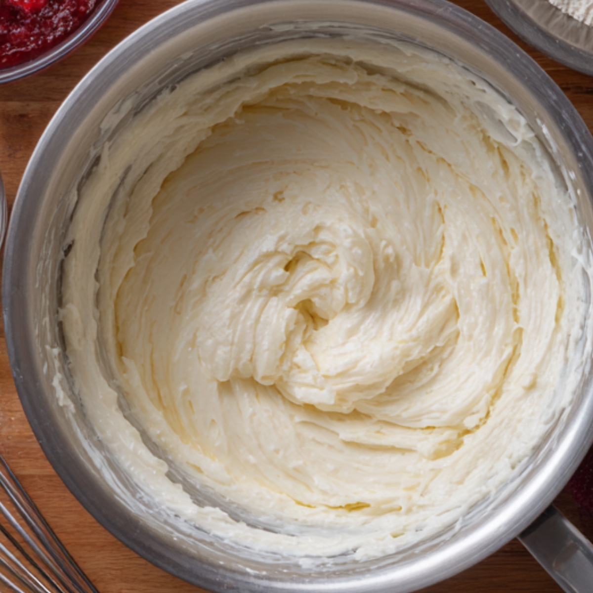 A bowl of classic vanilla buttercream frosting — pale cream color, thick and silky, with a whisk nearby. You can also see hints of strawberry puree or jam at the edge, likely ready to be added for flavor variations.