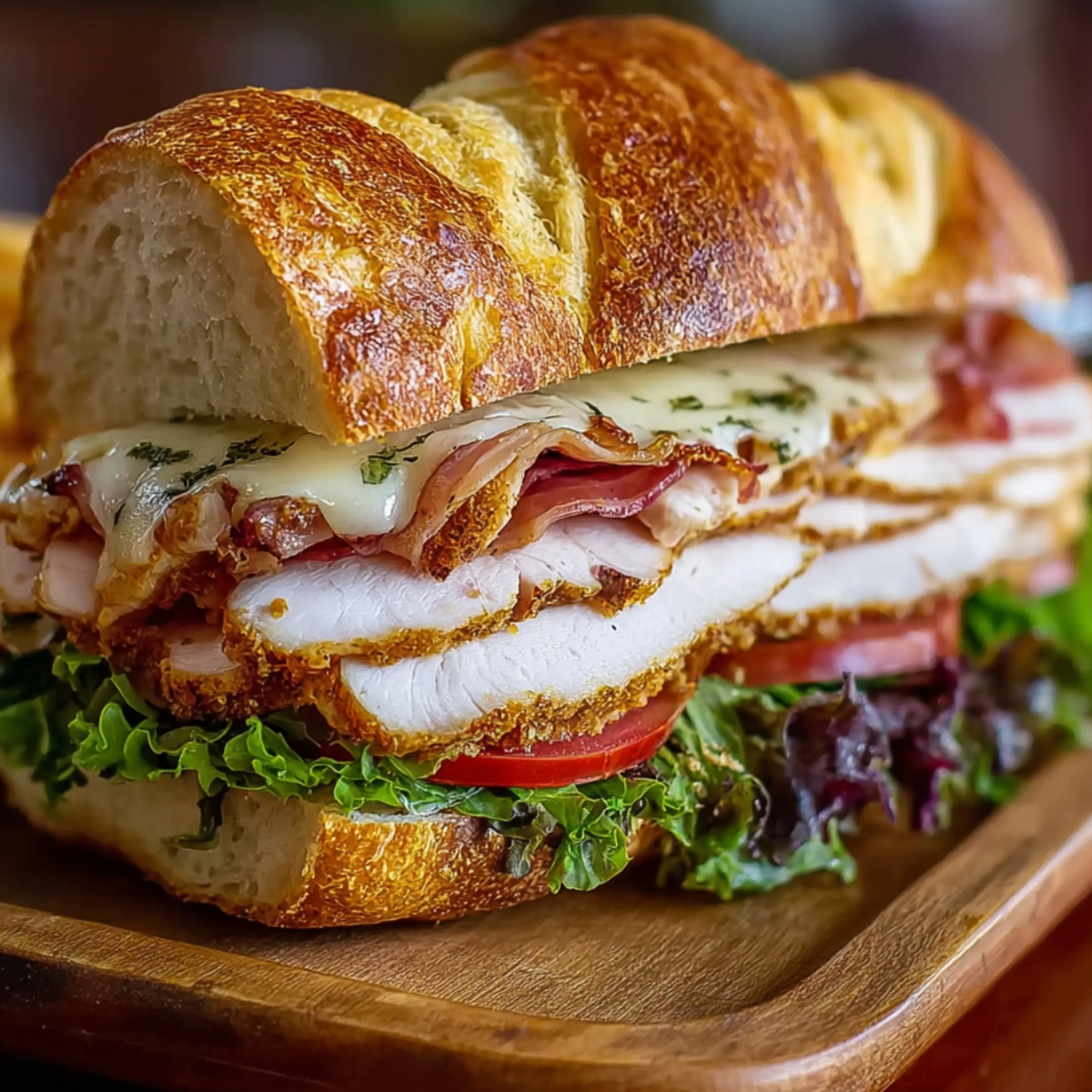 Close-up of a Chicken Cordon Bleu Sandwich with layers of crispy breaded chicken, melted Swiss cheese, ham, lettuce, and tomato on a toasted baguette. Served on a wooden board.