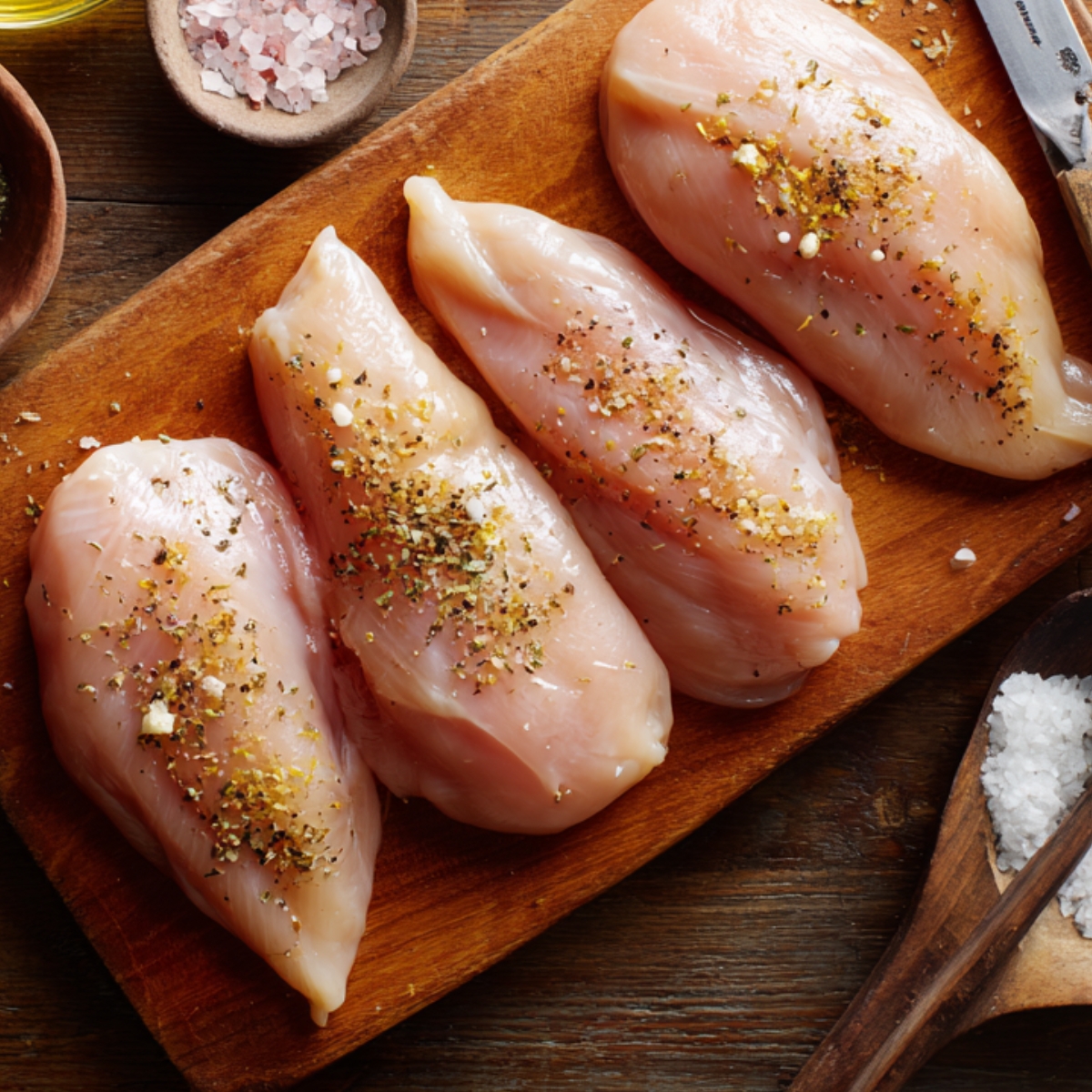 Raw chicken breasts seasoned with salt, pepper, and herbs on a wooden cutting board, ready for cooking. Bowls of pink Himalayan salt, sea salt, and olive oil are visible nearby.