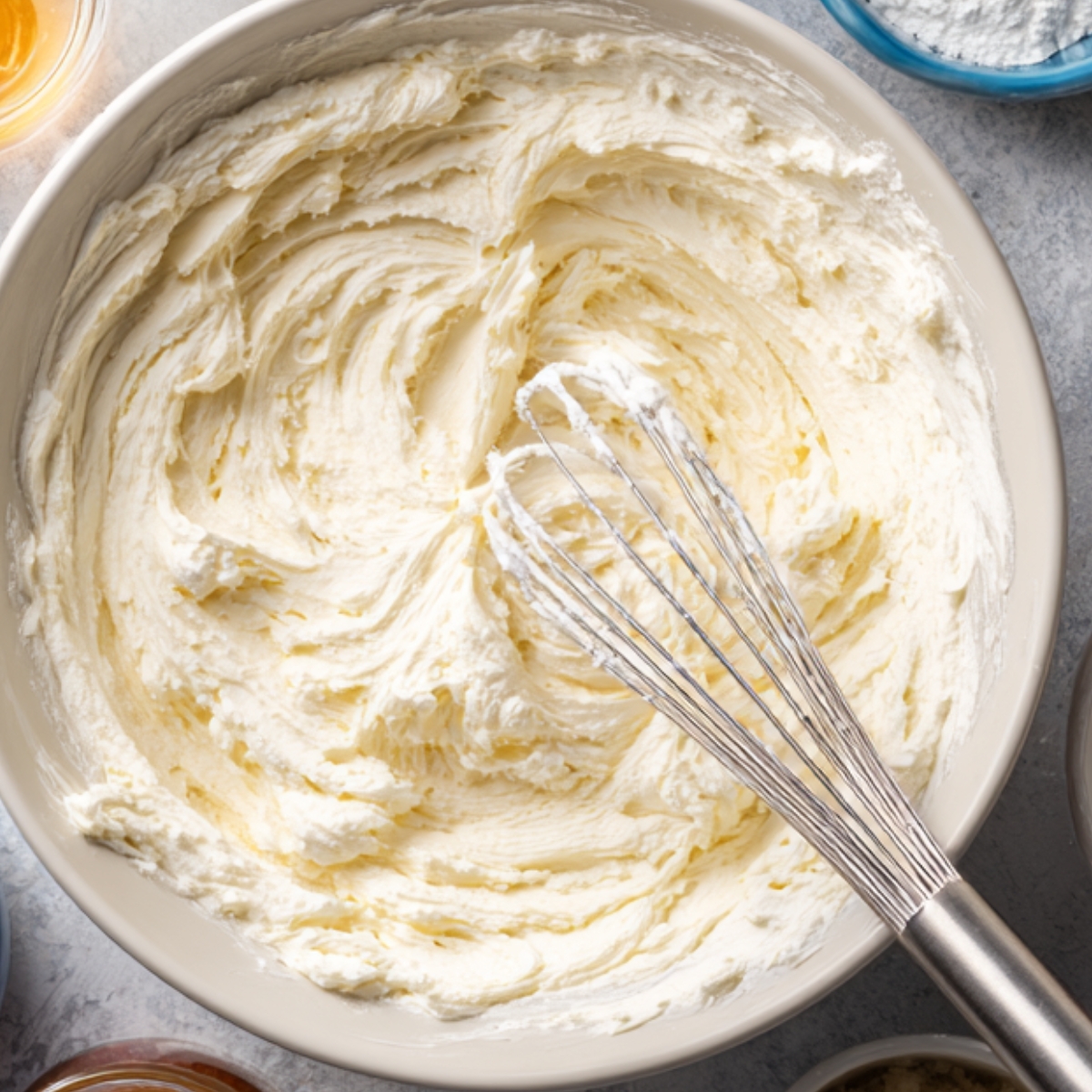 Bowl of whipped cream cheese mixture being blended with a whisk, showing a smooth and fluffy cheesecake dip base on a gray countertop with small bowls of ingredients around.
