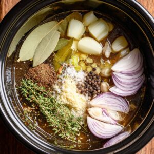 A slow cooker filled with broth, onions, bay leaves, peppercorns, thyme, and seasonings - likely the cooking base for the beef.