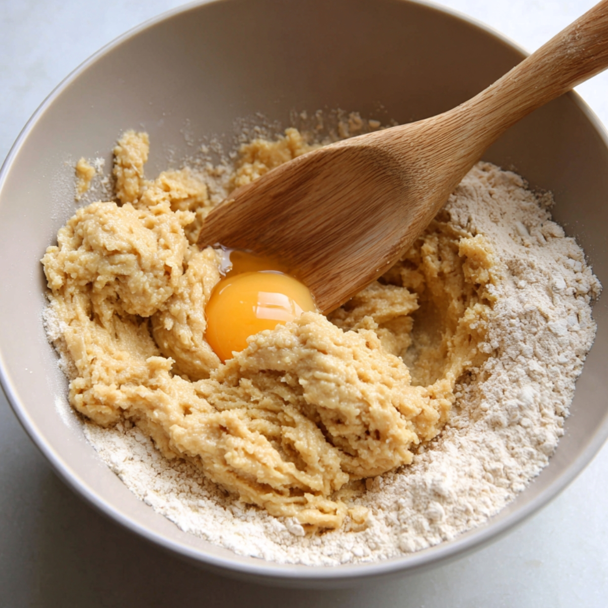 “Mixing blondie batter in a bowl with a wooden spoon, combining flour, sugar, and egg for a chewy cinnamon blondie base.”