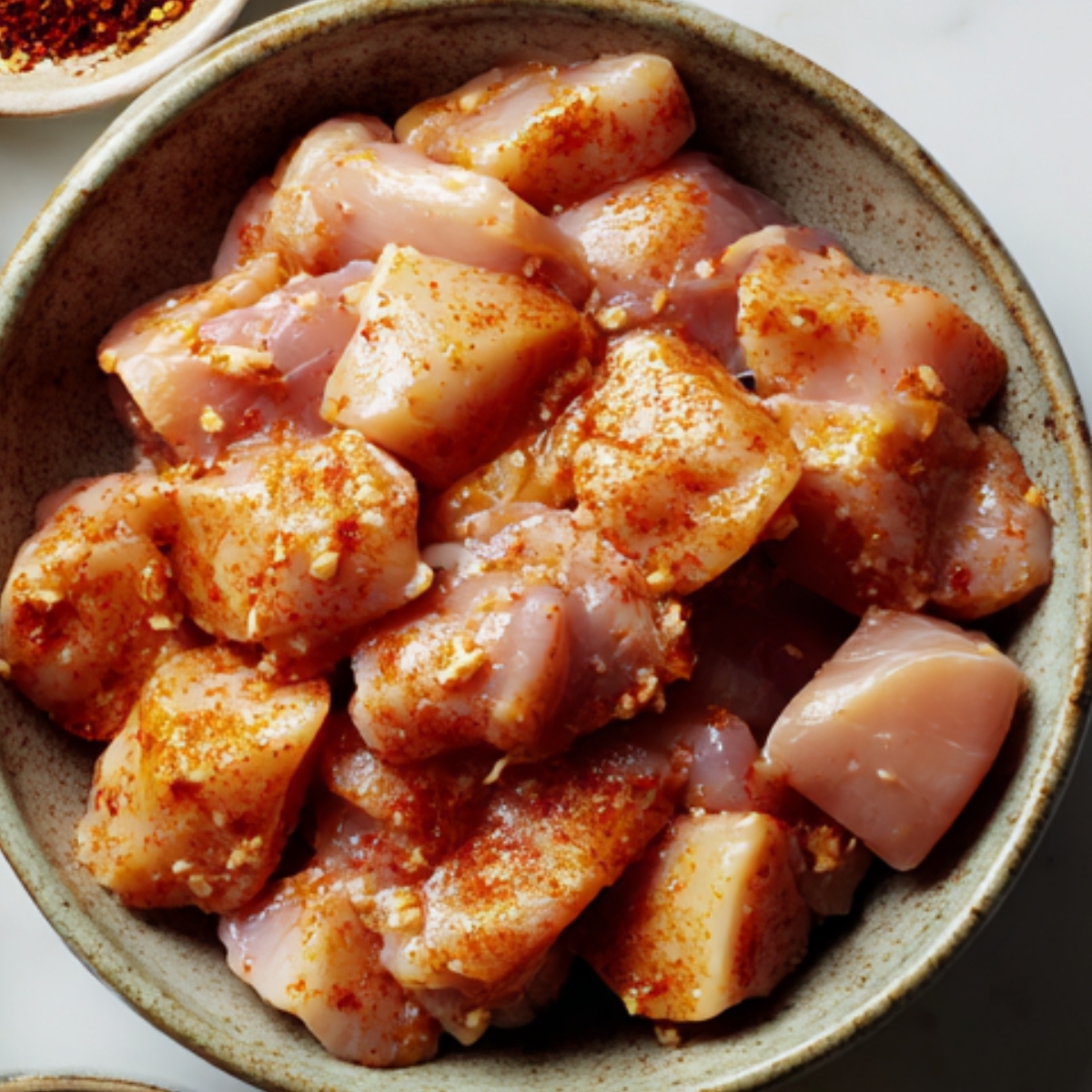“Marinated raw chicken pieces coated in garlic and red chili powder inside a ceramic bowl, ready for cooking.”