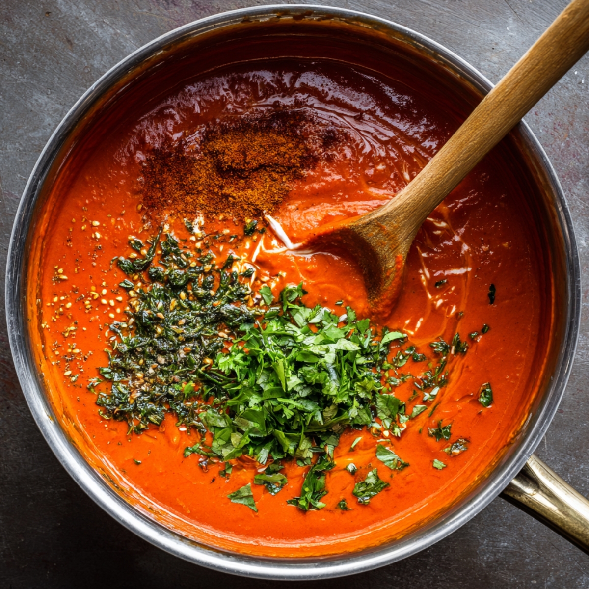 “Creamy tomato curry sauce simmering in a pan with chopped herbs, spices, and seasoning stirred together with a wooden spoon.”