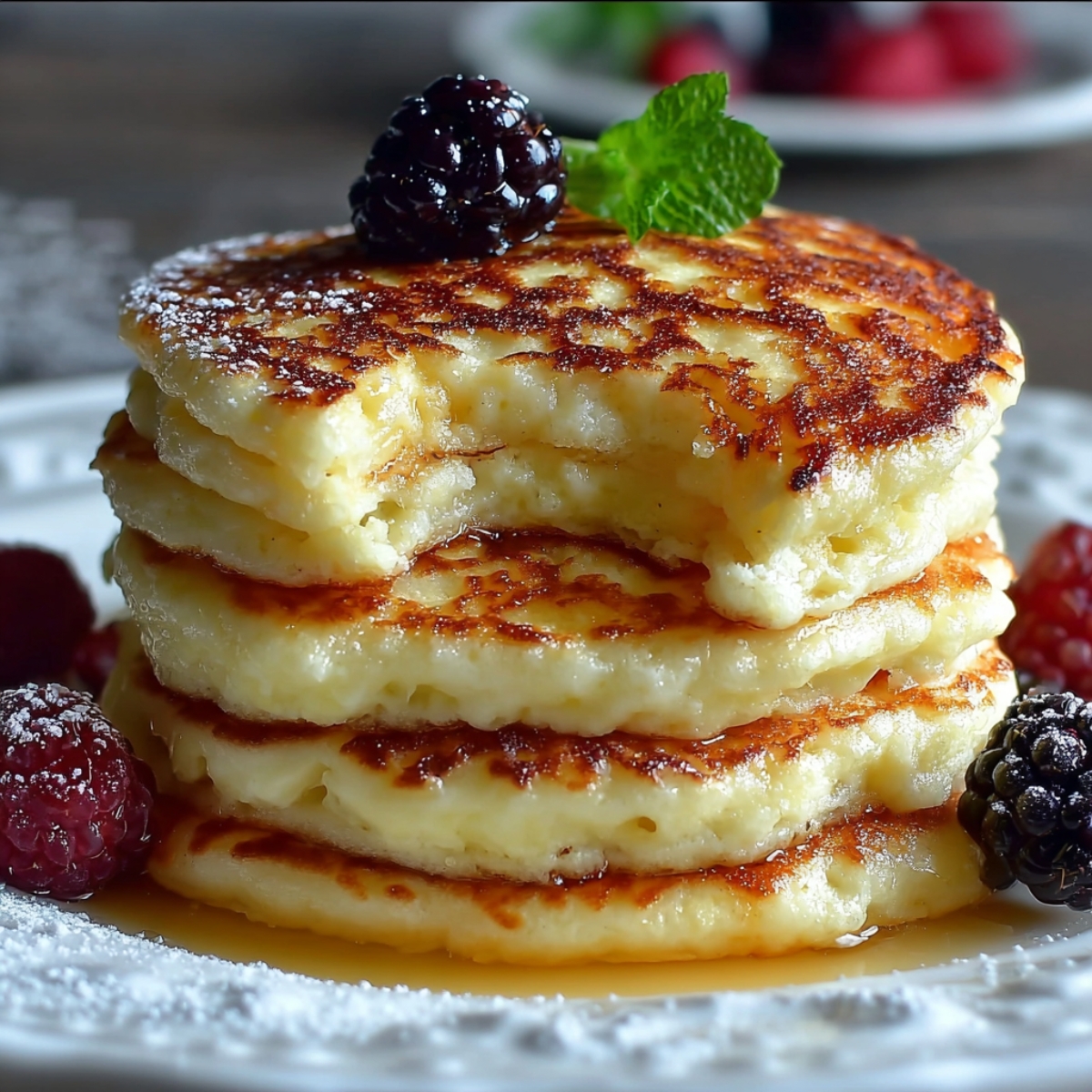 “Stack of fluffy gluten free cottage cheese pancakes topped with syrup, blackberries, raspberries, and a sprig of mint on a white plate dusted with powdered sugar.”