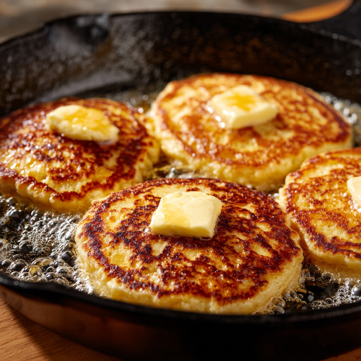 “Golden brown pancakes sizzling in a cast-iron skillet with melting butter on top, cooked to a crisp edge and fluffy center.”