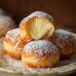 “Stack of cream-filled bomboloni alla crema topped with powdered sugar, one cut open showing creamy custard filling inside.”