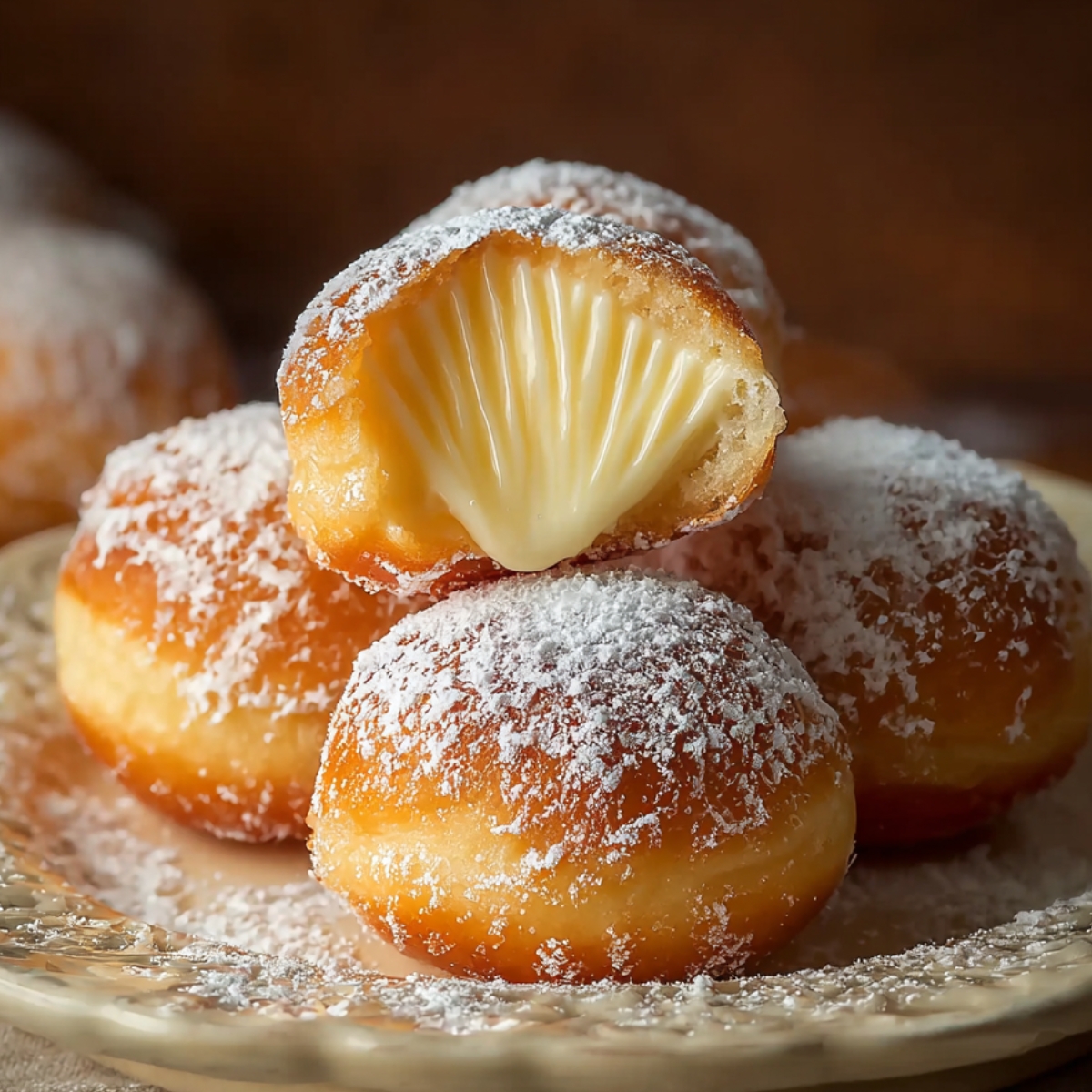“Stack of cream-filled bomboloni alla crema topped with powdered sugar, one cut open showing creamy custard filling inside.”
