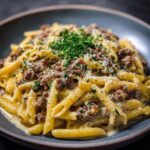 “Plate of creamy beef pasta topped with fresh parsley and grated Parmesan, served in a dark bowl.”