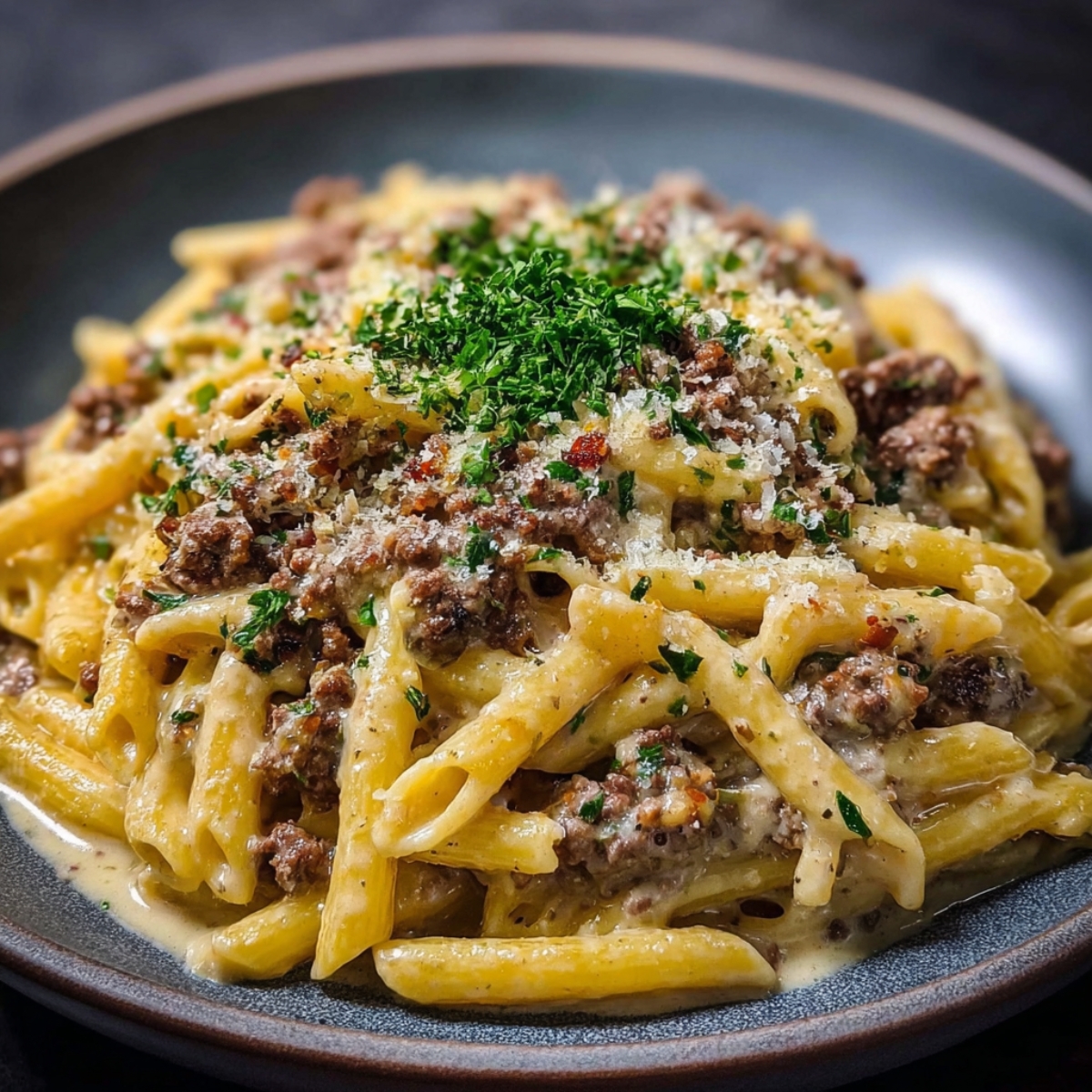 “Plate of creamy beef pasta topped with fresh parsley and grated Parmesan, served in a dark bowl.”