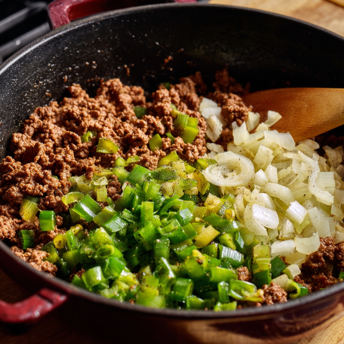“Ground beef cooking with diced onions and chopped green peppers in a deep skillet, stirred with a wooden spoon.”