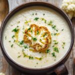 “Bowl of roasted cauliflower soup garnished with a golden cauliflower floret, fresh parsley, and a drizzle of olive oil.”