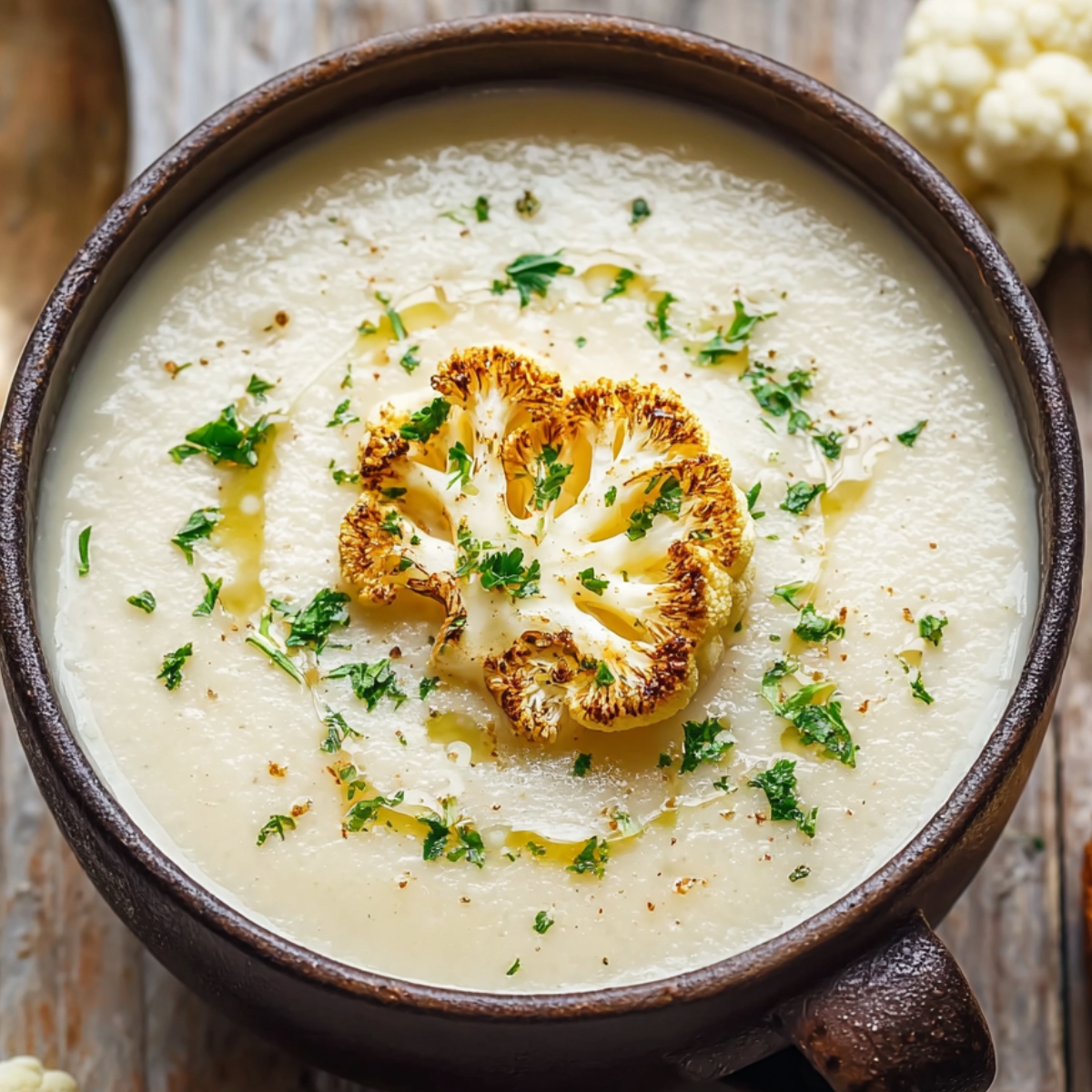 “Bowl of roasted cauliflower soup garnished with a golden cauliflower floret, fresh parsley, and a drizzle of olive oil.”