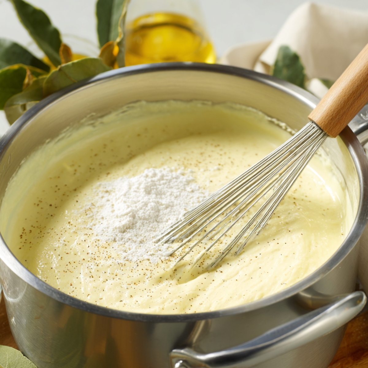 “Creamy cauliflower soup base in a stainless steel pot being whisked with flour and black pepper for thickening.”