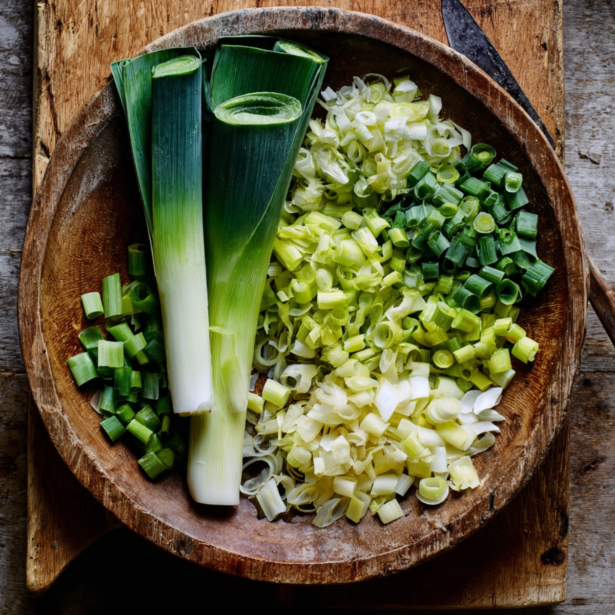 “Fresh leeks on a wooden board, sliced into rings and ready to cook for creamy potato leek soup.”