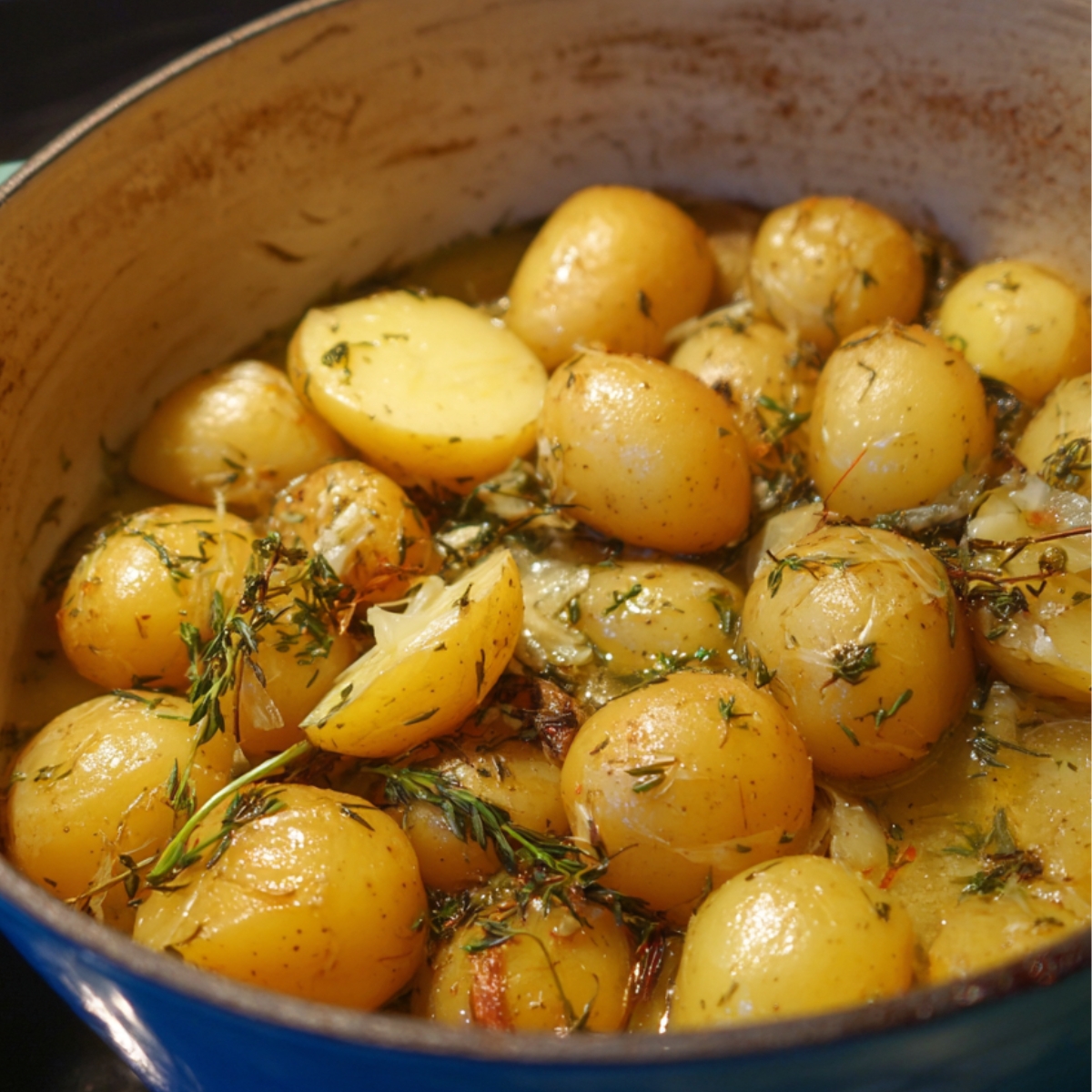 “Baby potatoes simmering in broth with thyme, garlic, and herbs in a Dutch oven for homemade potato leek soup.”