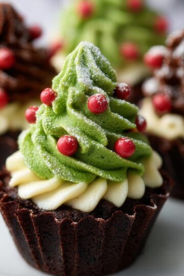 “Chocolate Christmas tree cupcake topped with green frosting, red candy ornaments, and powdered sugar snow.”