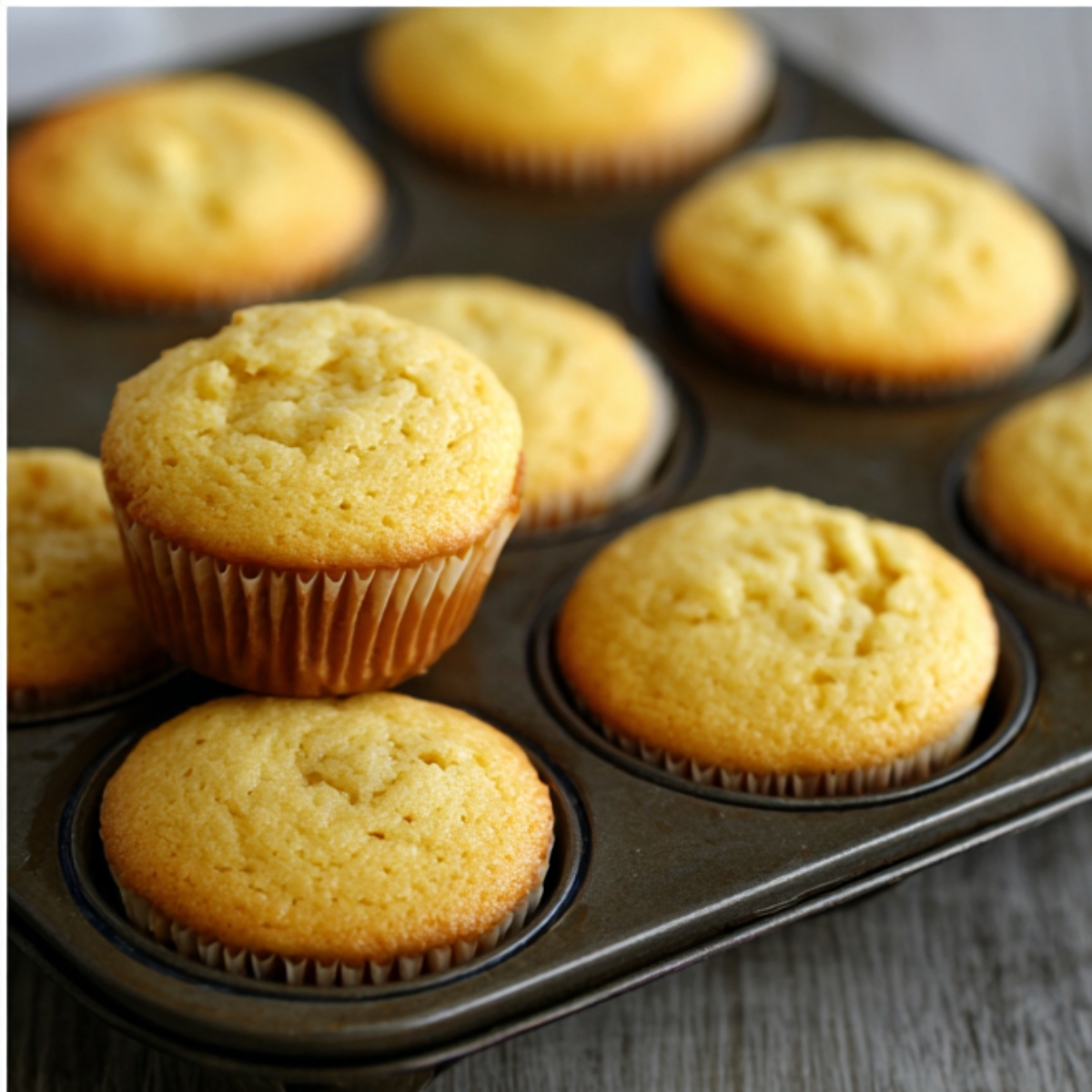 “Freshly baked vanilla cupcakes cooling in a muffin tin, ready to decorate for Christmas tree cupcakes.”