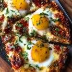 Close-up ofpizza eggs, topped with baked eggs, marinara sauce, and fresh parsley, showing crispy edges and golden melted cheese.
