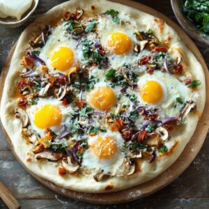 Freshly baked pizza topped with sunny-side-up eggs, mushrooms, red onions, and herbs on a golden crust, served on a wooden board for a cozy breakfast or brunch.