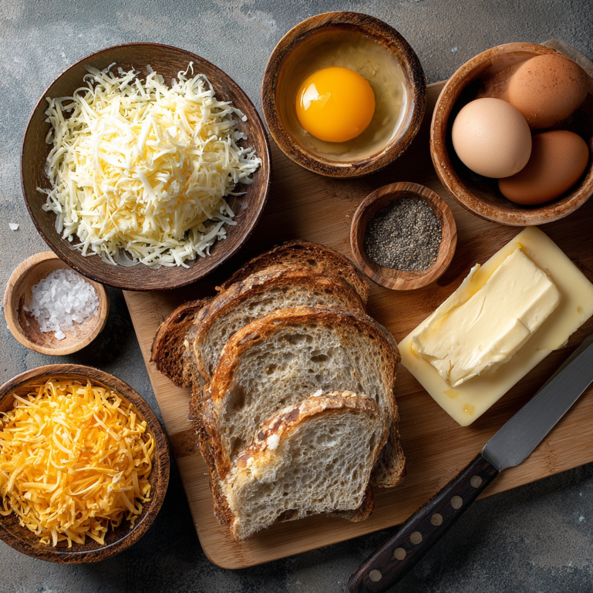 Ingredients for making egg cheese toast including bread slices, eggs, butter, shredded cheese, and seasoning laid out on a rustic wooden board.