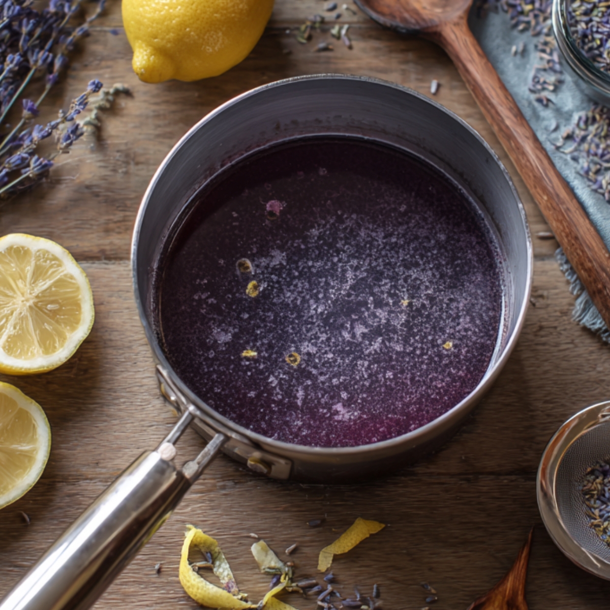 Homemade lavender syrup simmering in a saucepan with lemon slices, dried lavender buds, and sugar on a rustic wooden table.