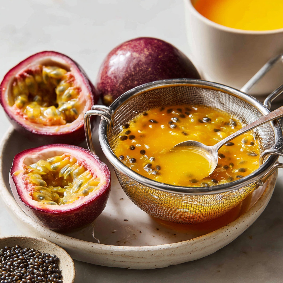 Fresh passion fruits cut open beside a sieve filled with bright orange passion fruit pulp and seeds, with a spoon resting in the strainer.