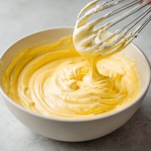 A whisk lifted above a bowl of thick, smooth yellow batter, with the mixture dripping slowly back into the bowl.